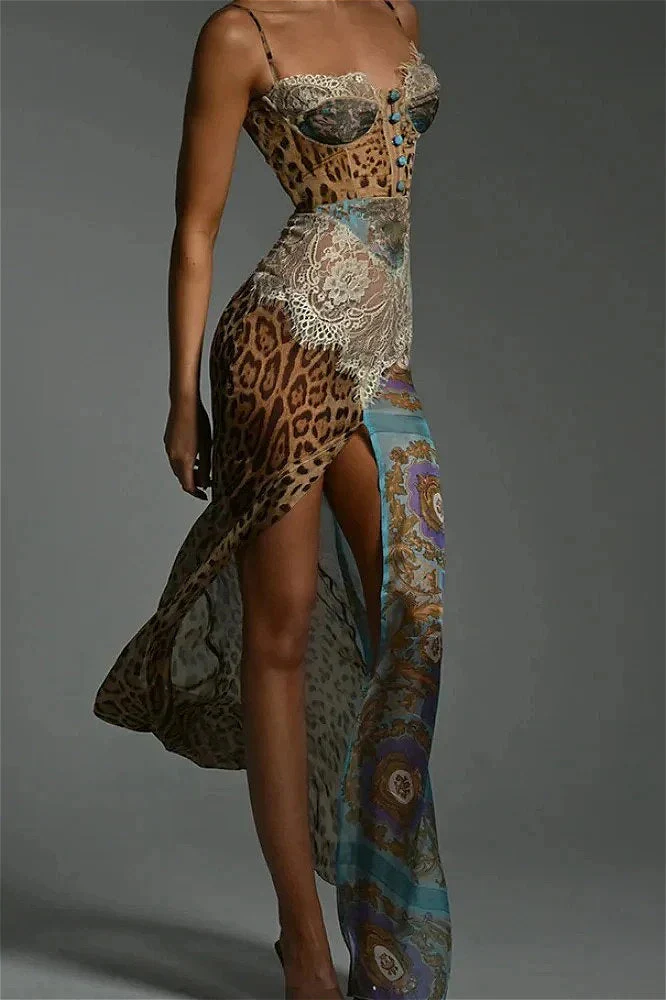 Leopard Printed Patchwork Lace Floral Dress - Image 2
