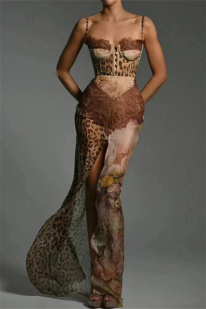 Leopard Printed Patchwork Lace Floral Dress - Image 4