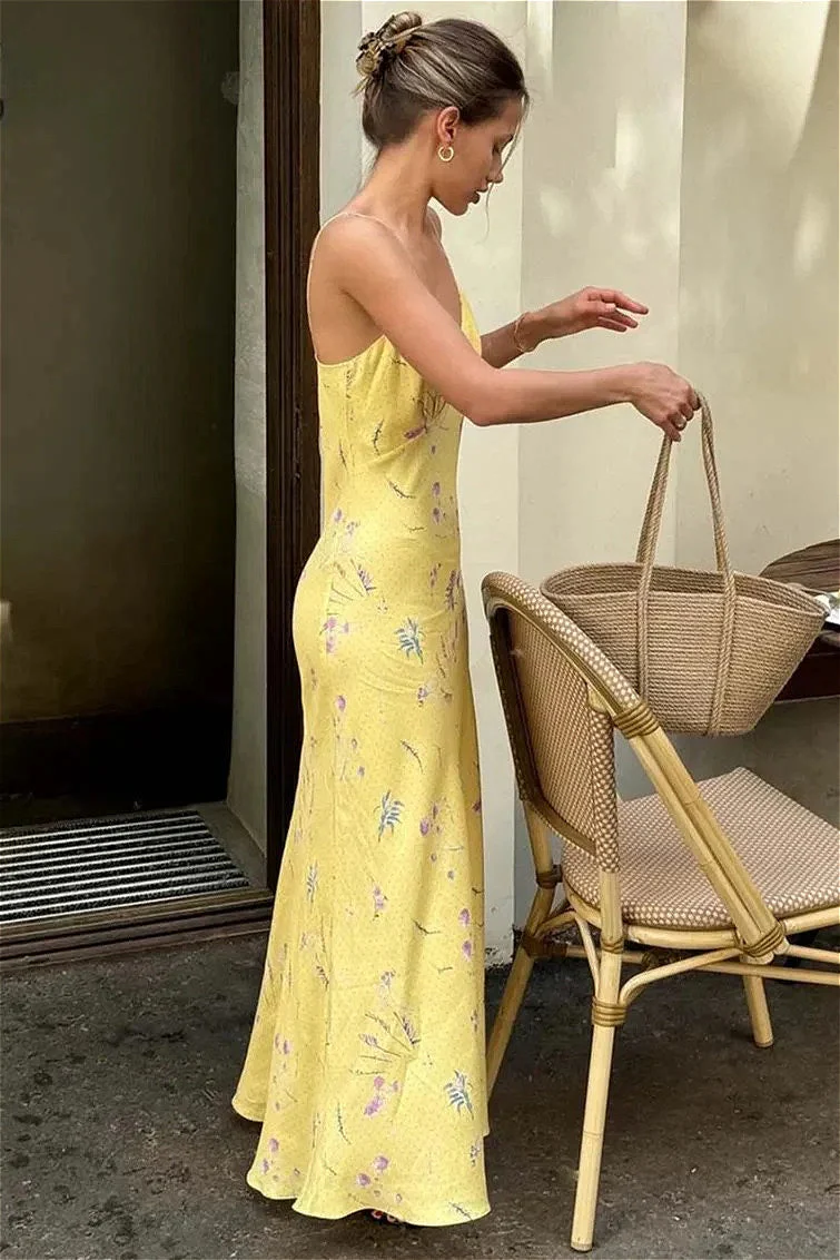 Casual Yellow Print Spaghetti Strap Floral Dress - Image 2