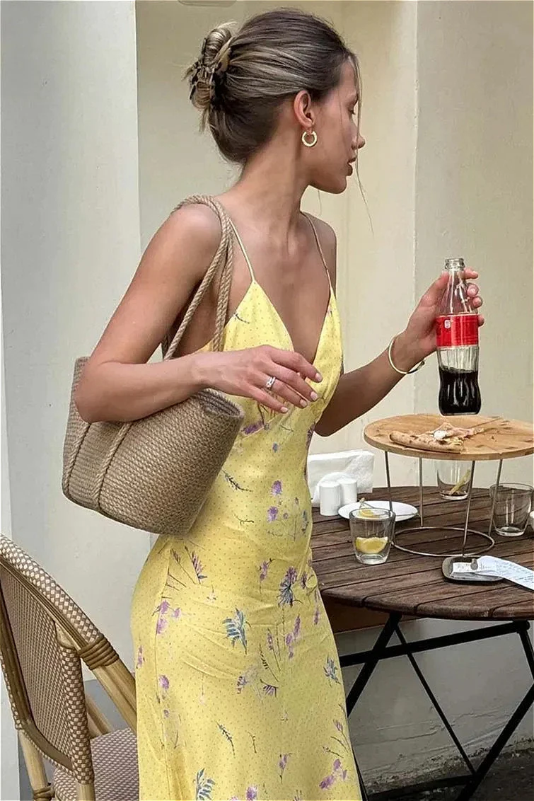 Casual Yellow Print Spaghetti Strap Floral Dress - Image 3