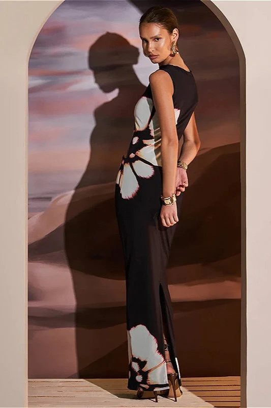 Black O-Neck Sleeveless Hollow Out Floral Dress - Image 3