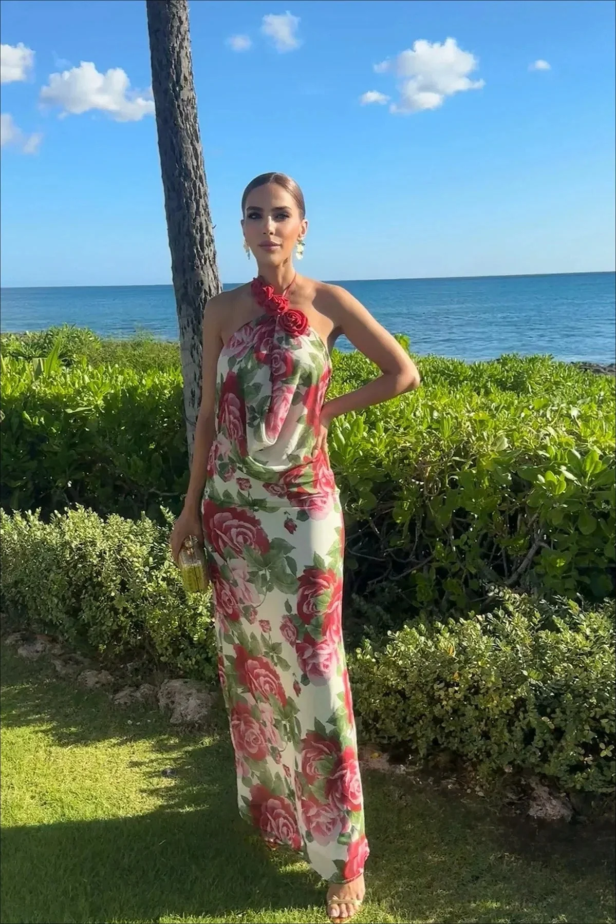 Rose Halter Off-Shoulder Floral Dress - Image 2