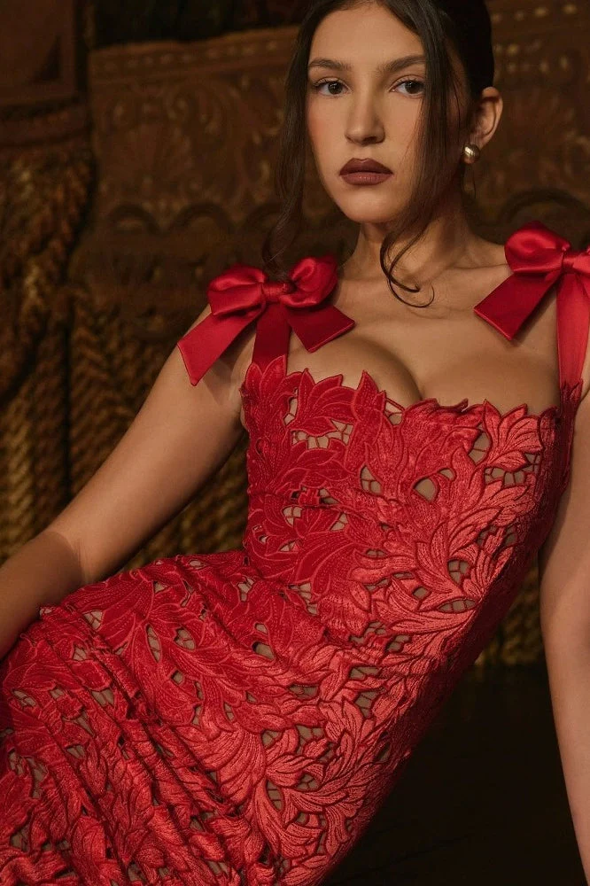 Sexy Hollow Out Slim Bow Lace Up Sleeveless Floral Dress - Image 2