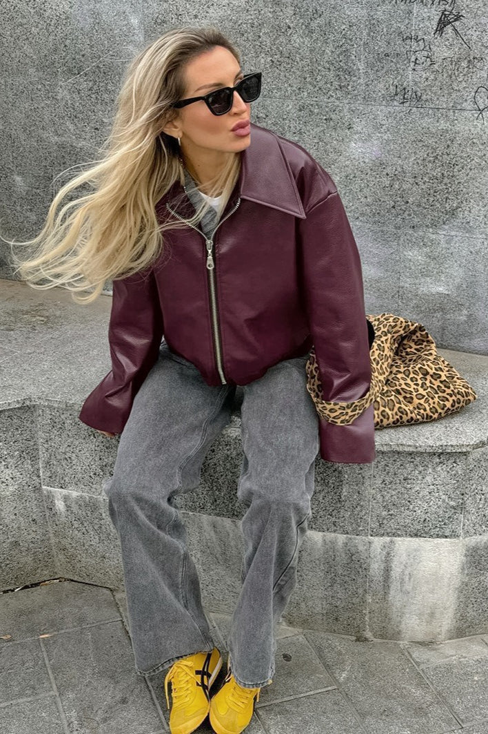 Matte Burgundy Leather Jacket - Image 2