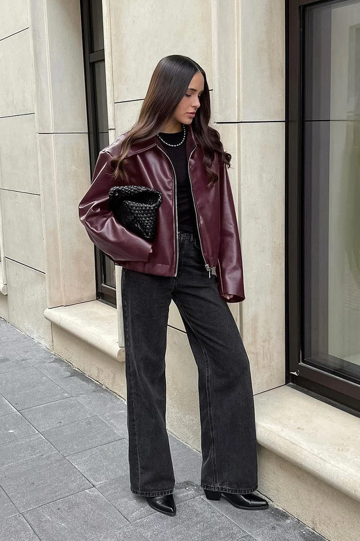 Matte Burgundy Leather Jacket - Image 3