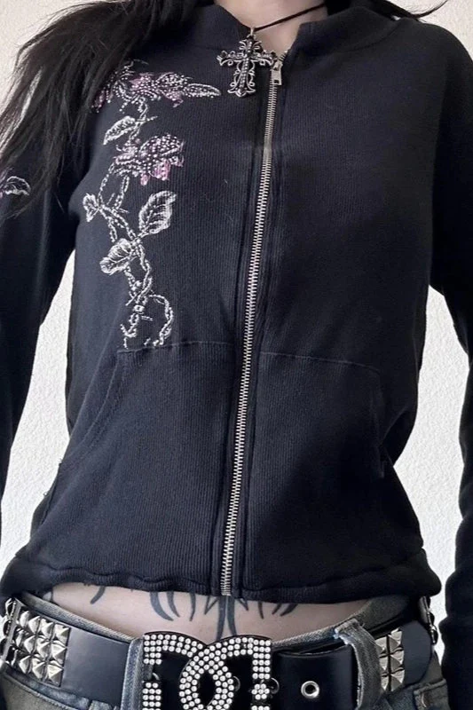 Vintage Flower Wings Print Hoodie - Image 2