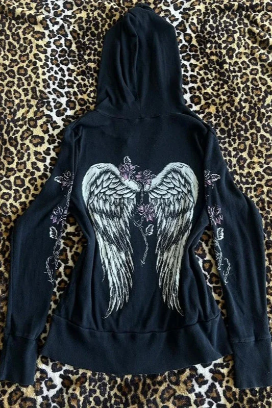 Vintage Flower Wings Print Hoodie - Image 3
