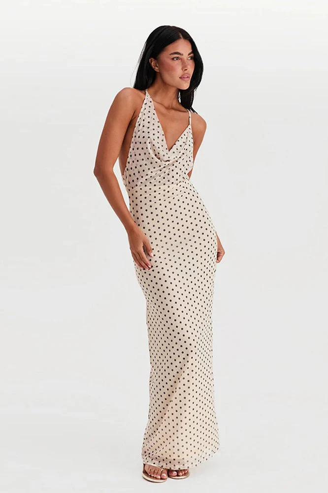 Polka Dot Halter Neck Sleeveless Maxi Dress - Image 4