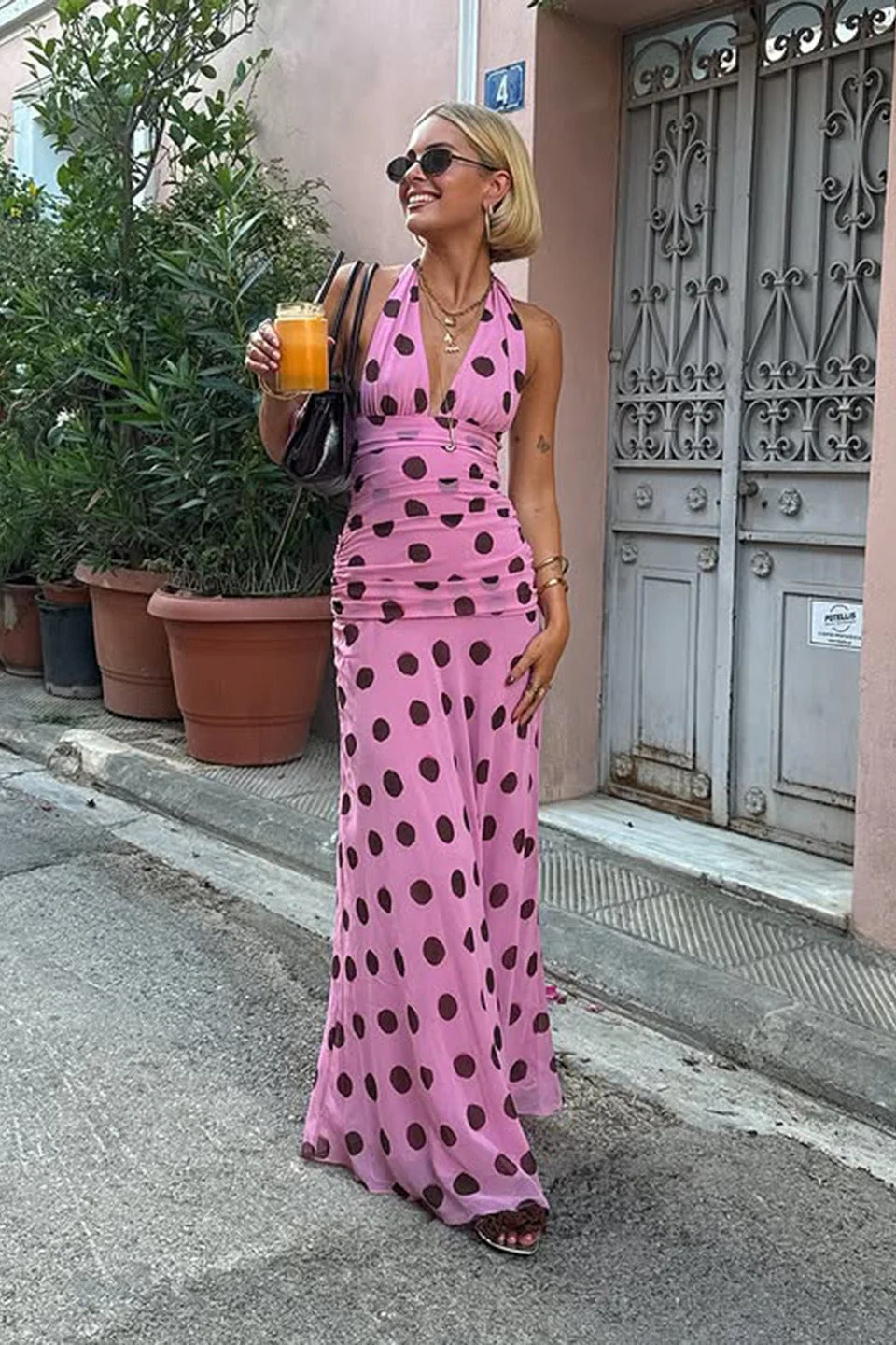 Polka Dot Halter V-Neck Color Block Bodycon Maxi Dress - Image 2