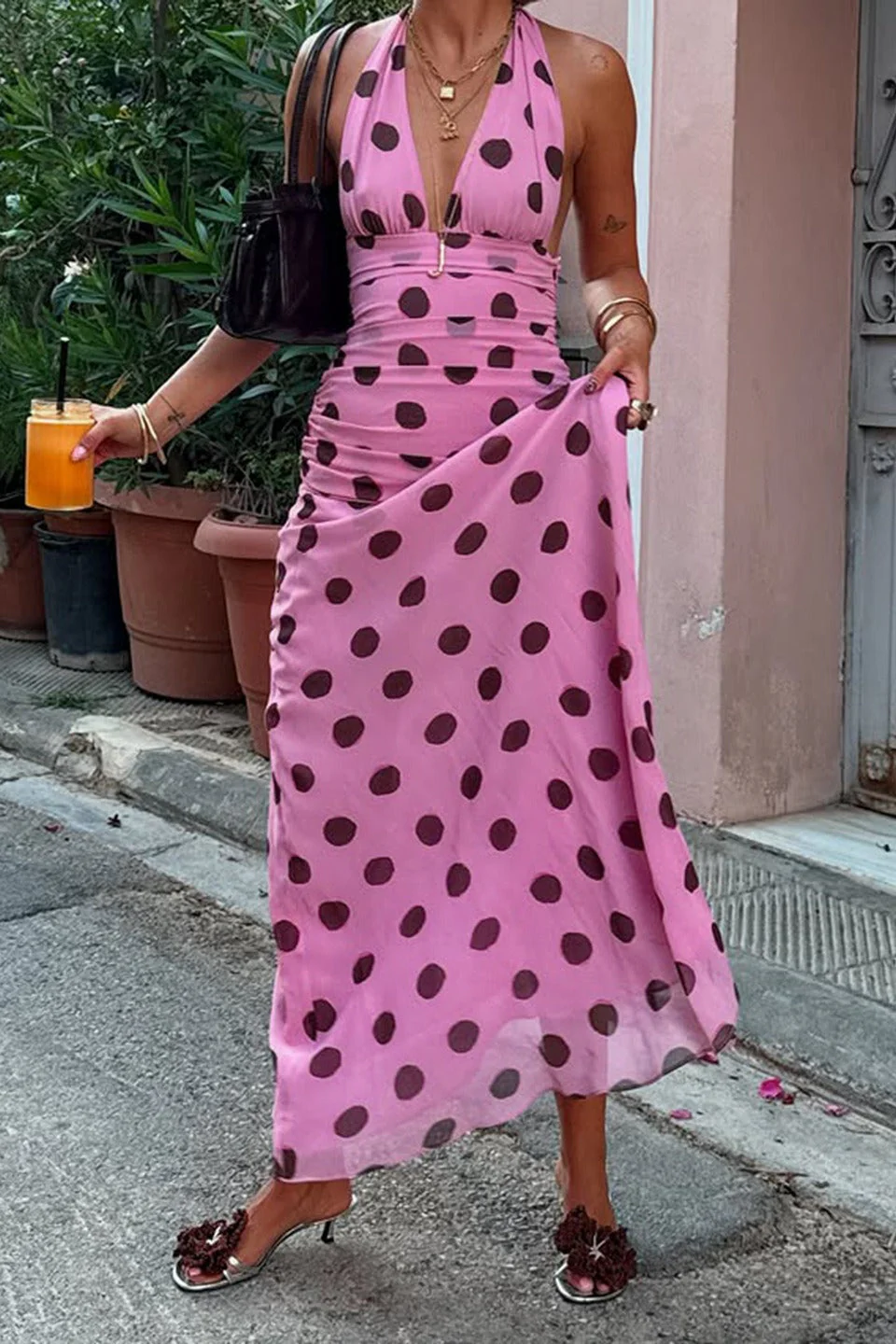 Polka Dot Halter V-Neck Color Block Bodycon Maxi Dress - Image 3