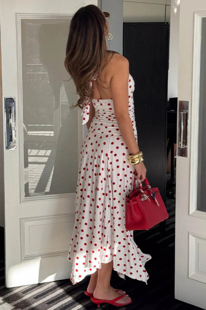 Polka Dot Halter V-Neck Ruched Maxi Dress - Image 3