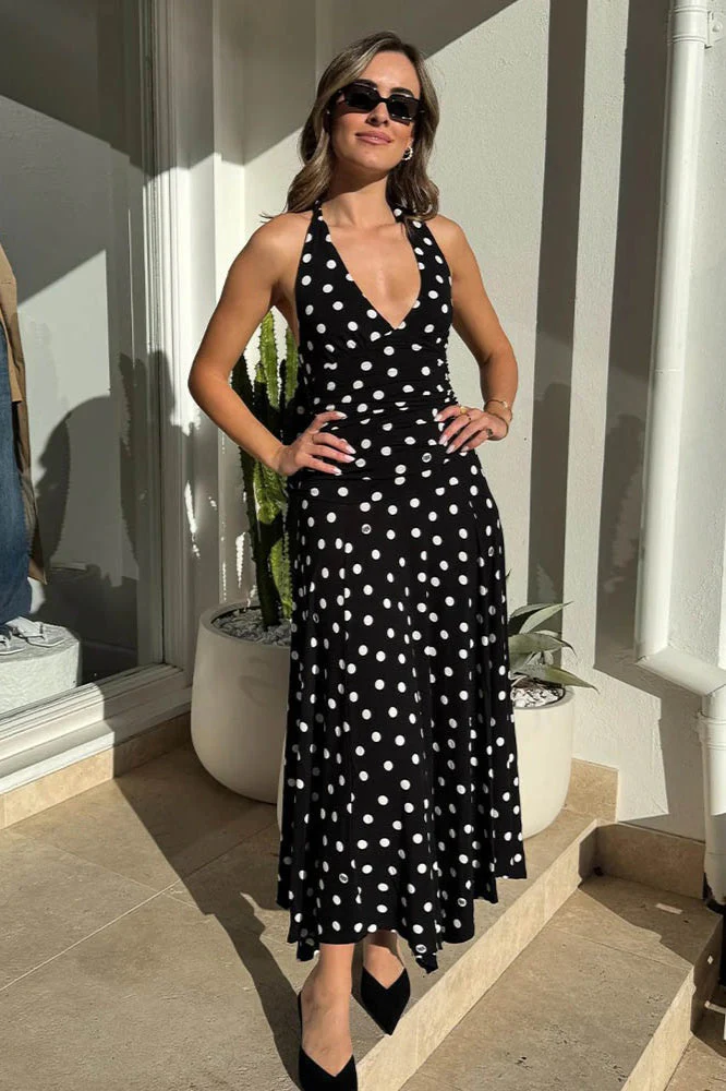 Polka Dot Halter V-Neck Ruched Maxi Dress - Image 4