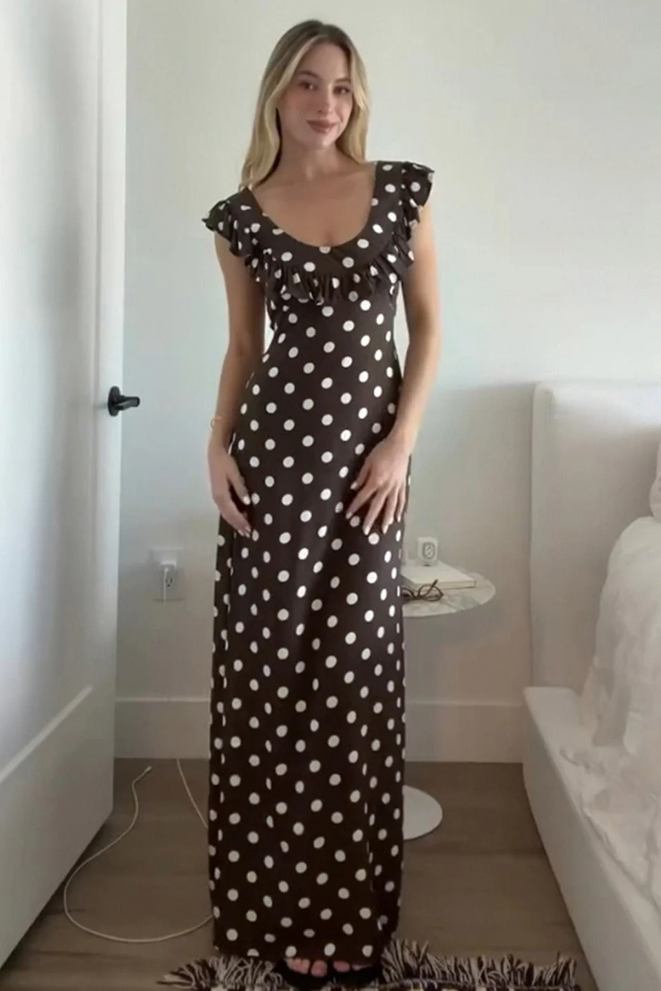 Polka Dot U-Neck Ruffled Bodycon Maxi Dress - Image 3