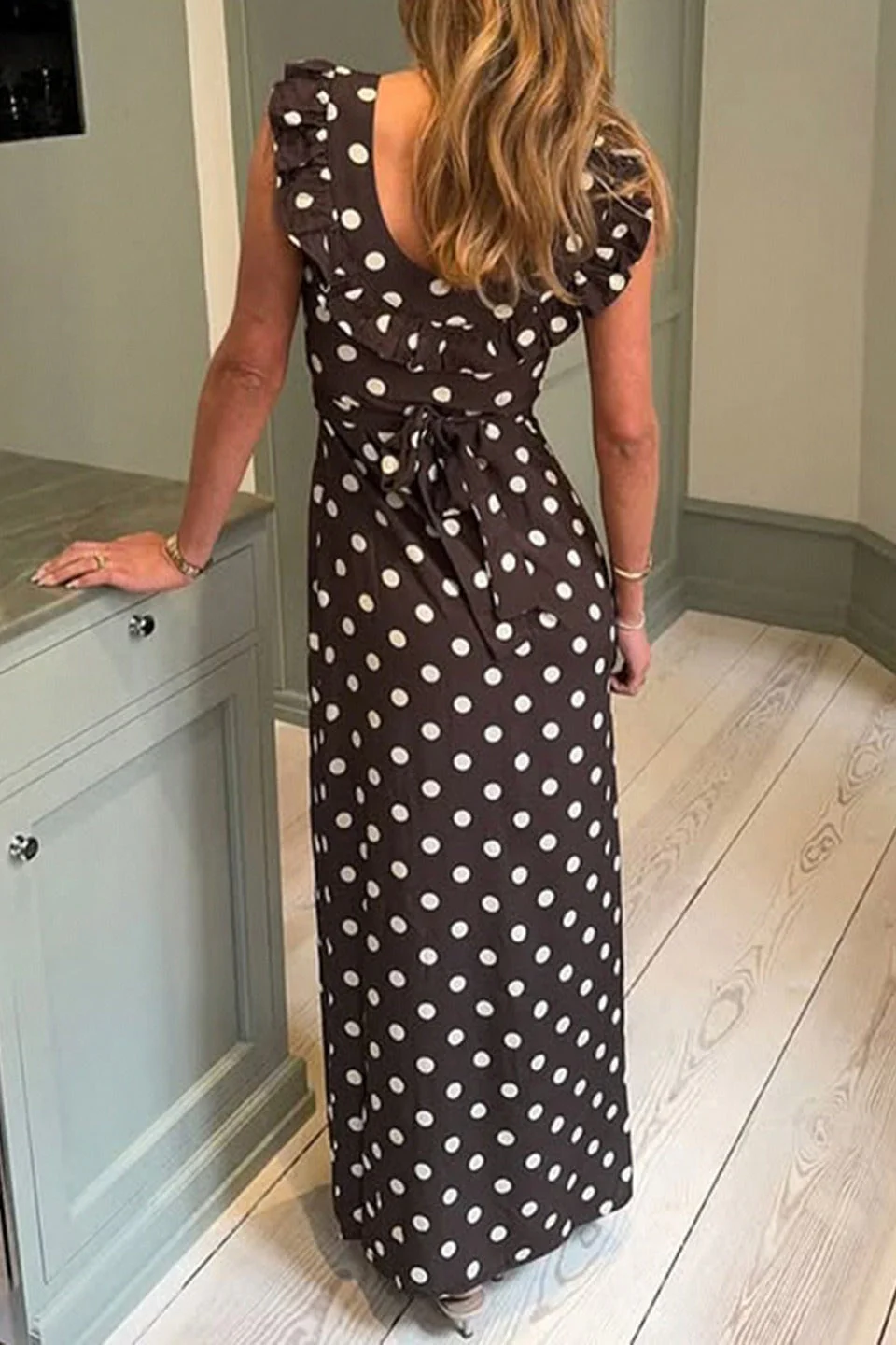 Polka Dot U-Neck Ruffled Bodycon Maxi Dress - Image 4