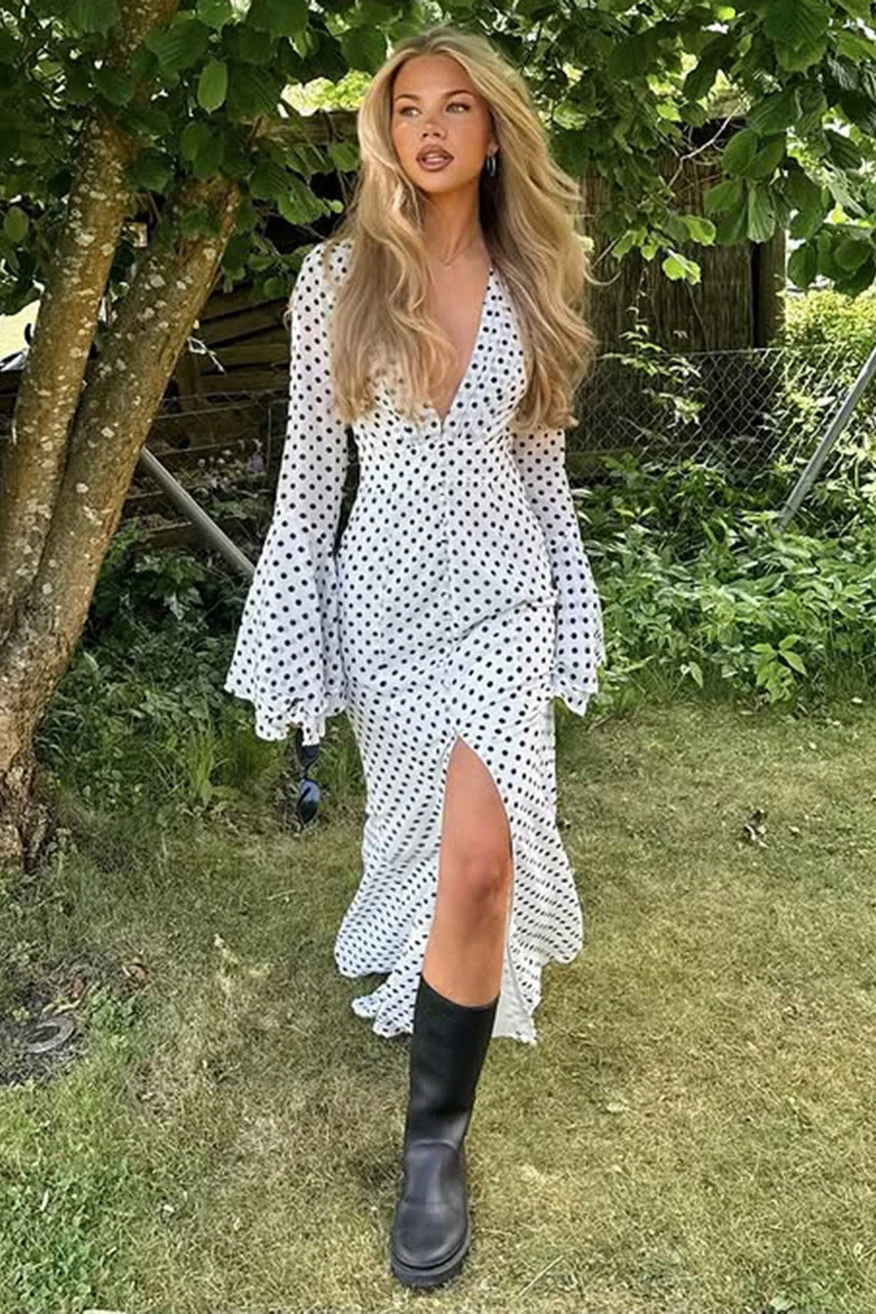 Polka Dot V-Neck High Split Bodycon Maxi Dress - Image 3