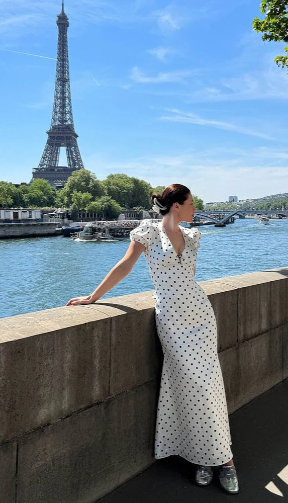 French Style Polka Dot V-Neck Bodycon Maxi Dress - Image 3