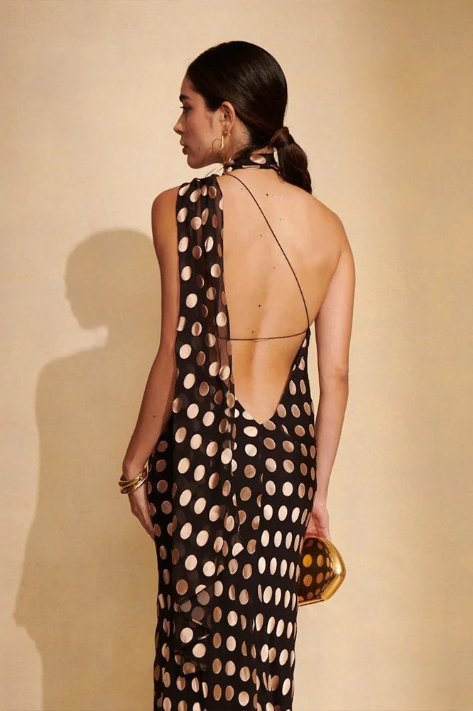 Elegant Polka Dot Backless Halter Maxi Dress - Image 4