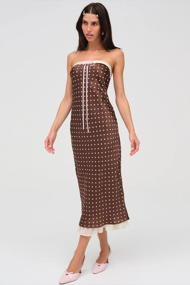 Satin Polka Dot Strapless Backless Maxi Dress - Image 3