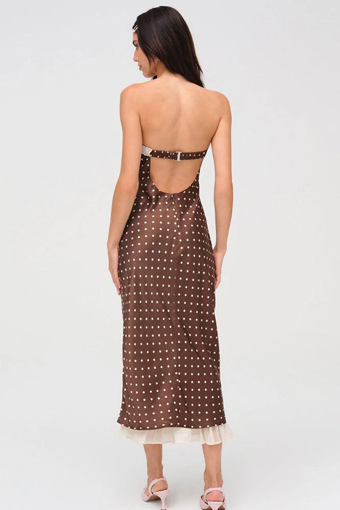 Satin Polka Dot Strapless Backless Maxi Dress - Image 4