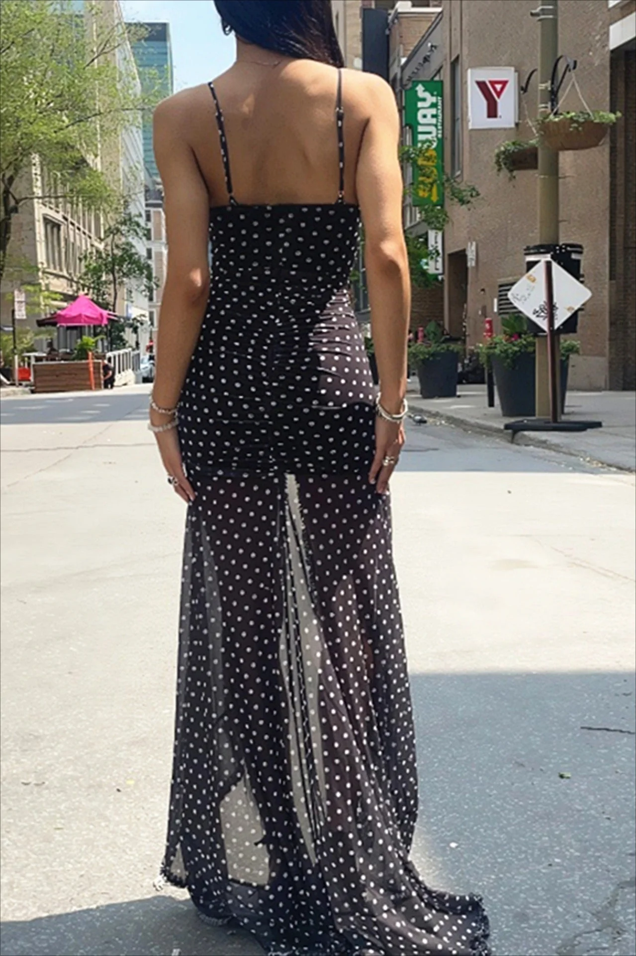 Polka Dot Ruched Lace Mesh Cami Maxi Dress - Image 4