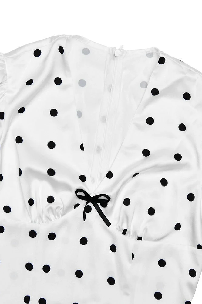 Polka Dot V-Neck Puff Sleeve Waist Tie Bodycon Maxi Dress - Image 4