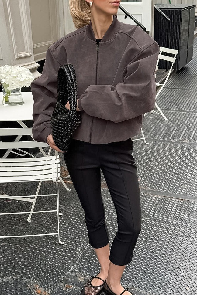 Retro Gray Suede Bomber Jacket - Image 3