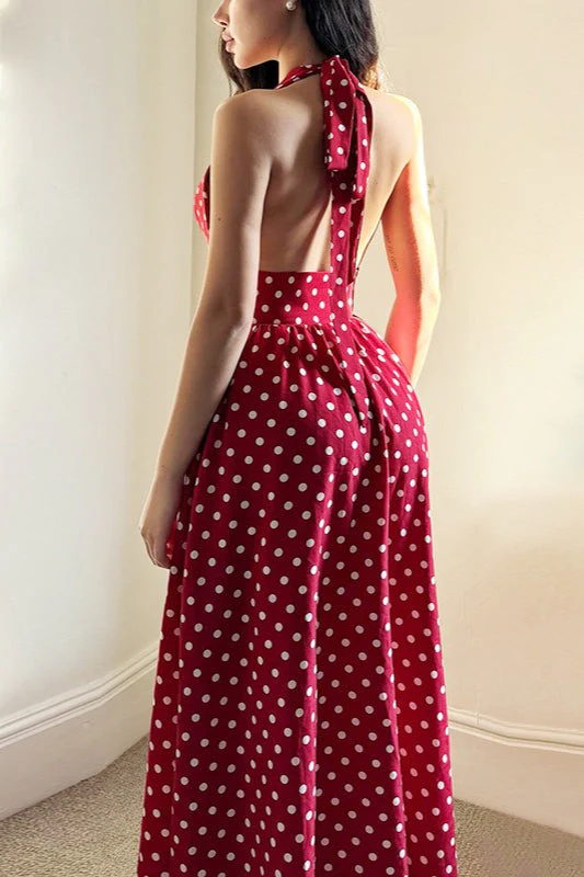 Red Polka Dot V-Neck Halter Backless Maxi Dress - Image 4