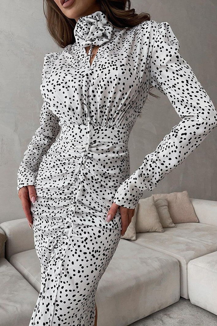 Polka Dot Floral V-Neck Puff Sleeve Maxi Dress - Image 2