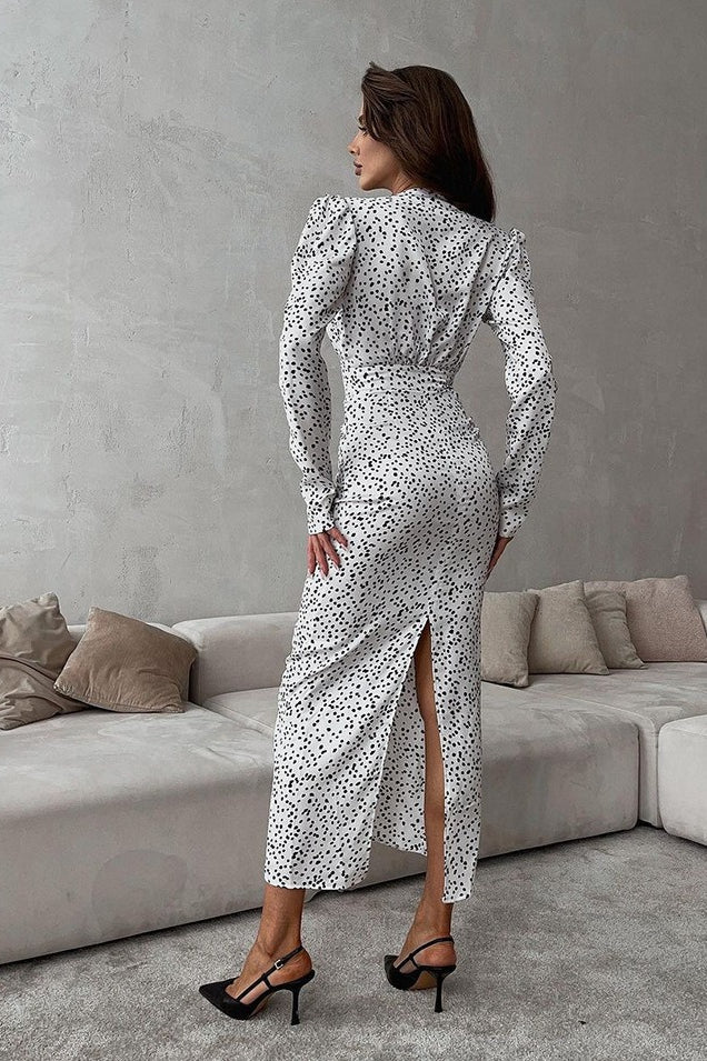Polka Dot Floral V-Neck Puff Sleeve Maxi Dress - Image 3