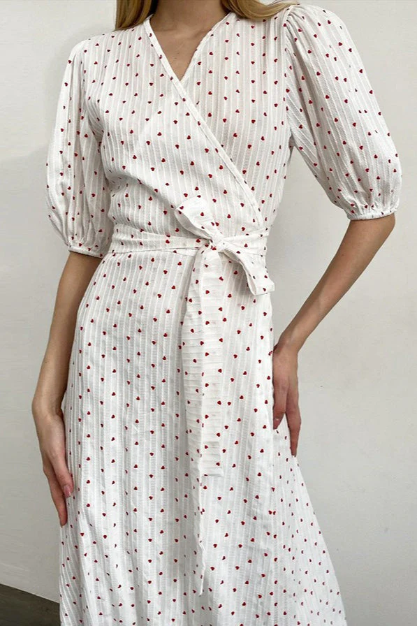 Cotton Heart Print V-Neck Wrap Maxi Dress - Image 3