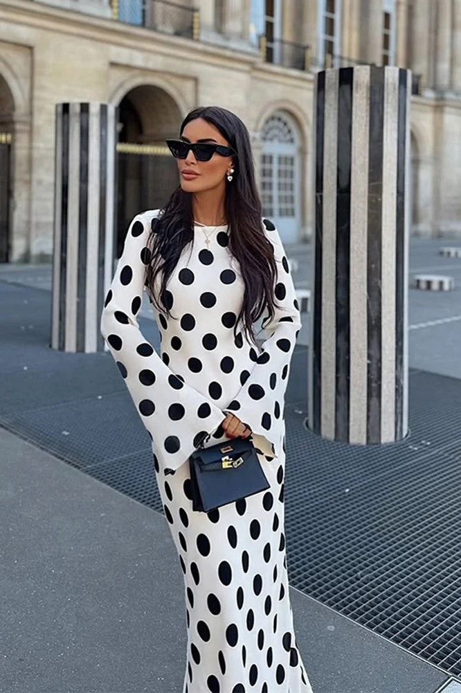 Chic Polka Dot Bell Sleeve Maxi Dress - Image 3
