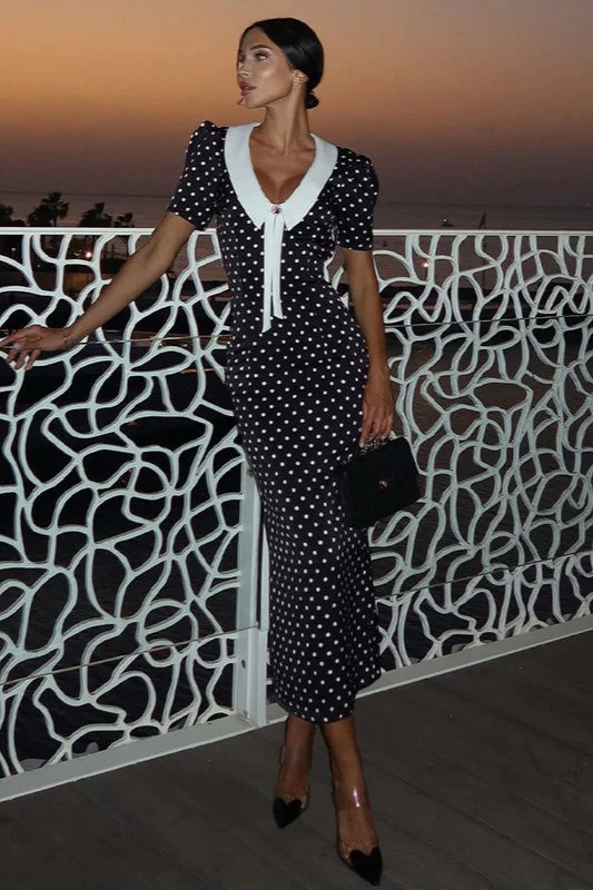 Polka Dot V-Neck Puff Sleeve Bodycon Maxi Dress - Image 3