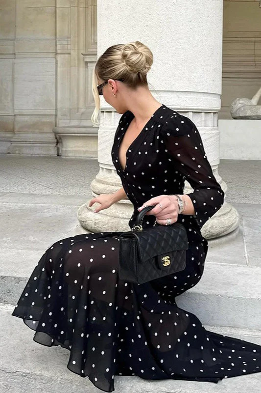 Polka Dot Print V-Neck Long Sleeve Maxi Dress - Image 2