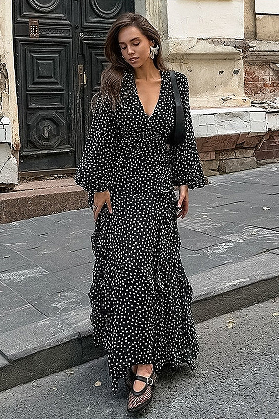 Vintage V-Neck Polka Dot Puff Sleeve A-Line Maxi Dress - Image 2