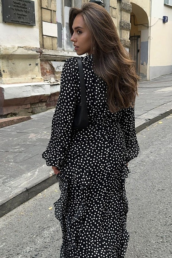 Vintage V-Neck Polka Dot Puff Sleeve A-Line Maxi Dress - Image 3
