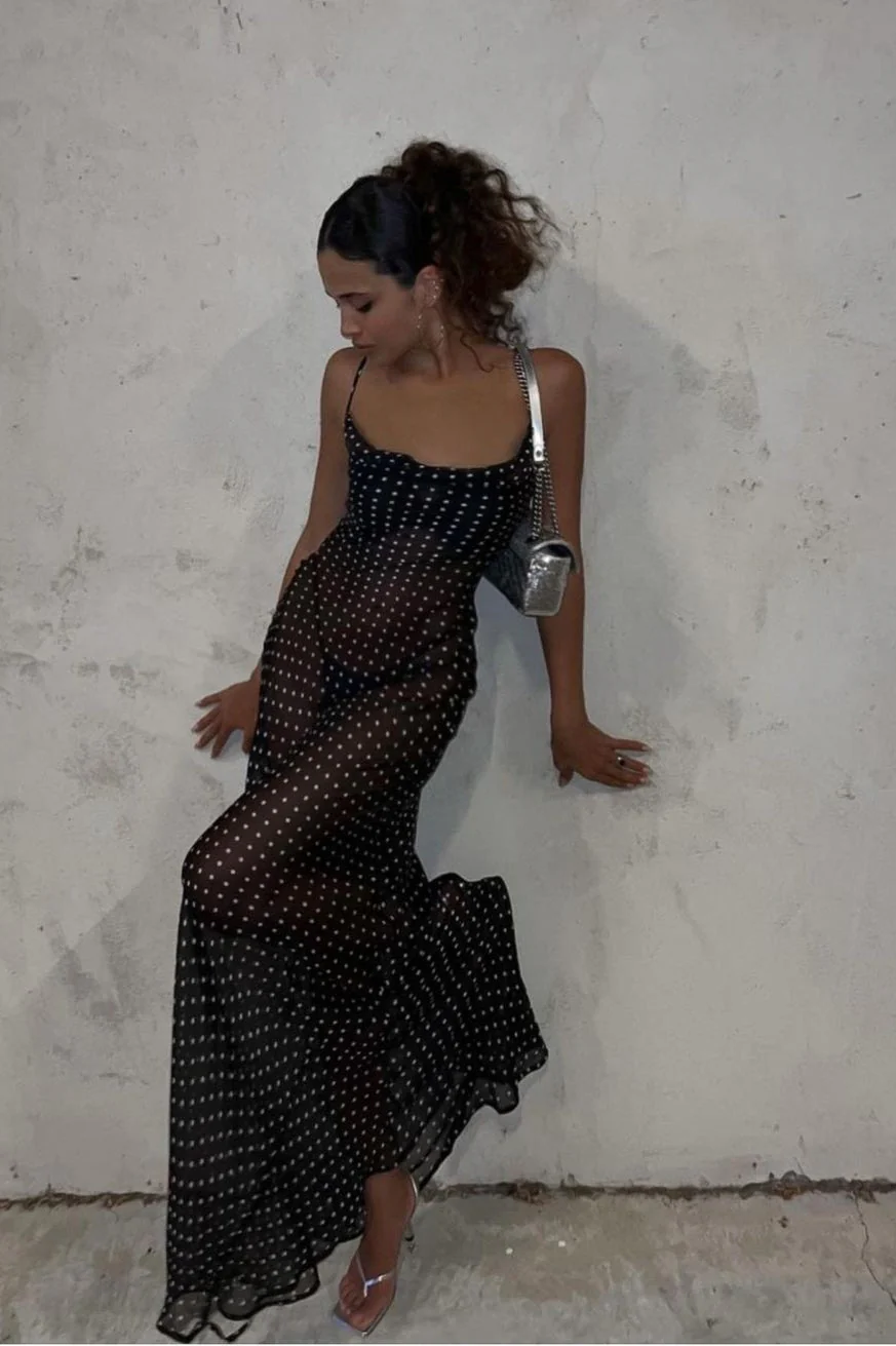 Polka Dot Square Neck Backless Cami Maxi Dress - Image 2