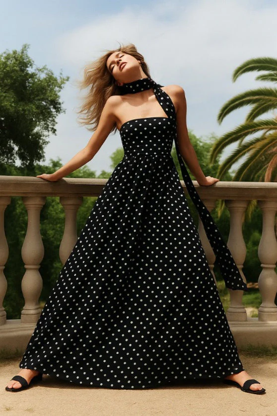 Polka Dot Off-Shoulder Cami Tie Maxi Dress - Image 2