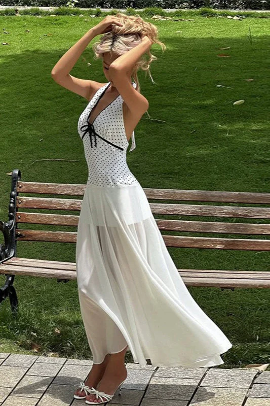 Floral Print Polka Dot Backless Tie Maxi Dress - Image 2