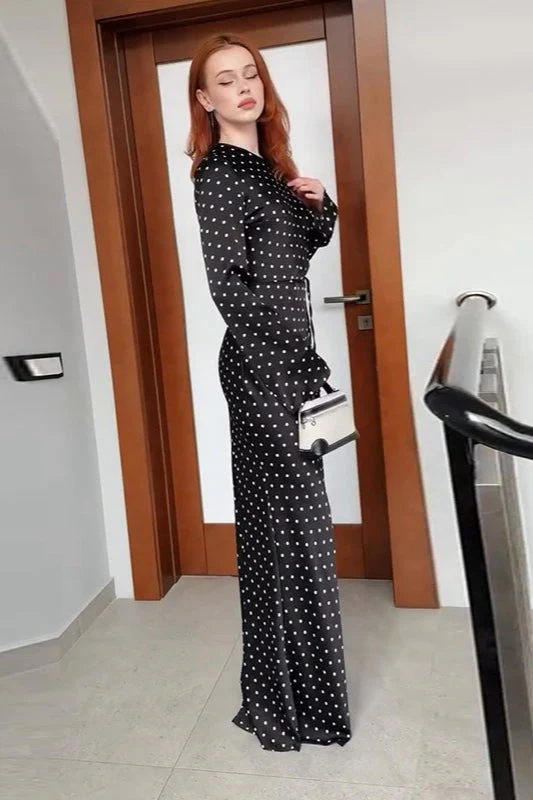 Polka Dot Black Long Sleeve Waist Tie Maxi Dress - Image 2