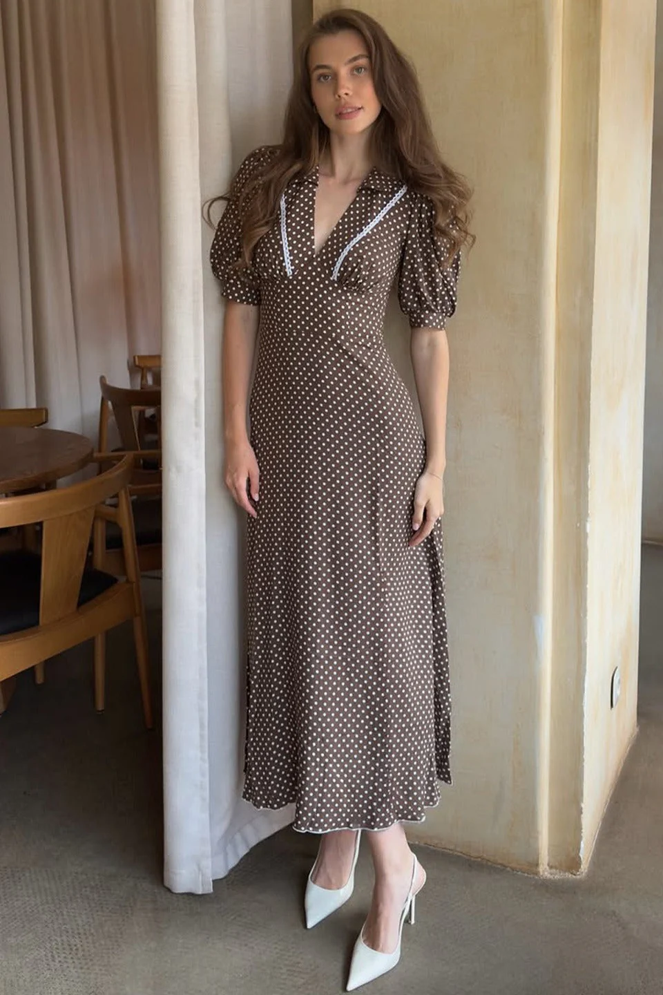 Polka Dot V-Neck Puff Sleeve Bodycon Maxi Dress - Image 4