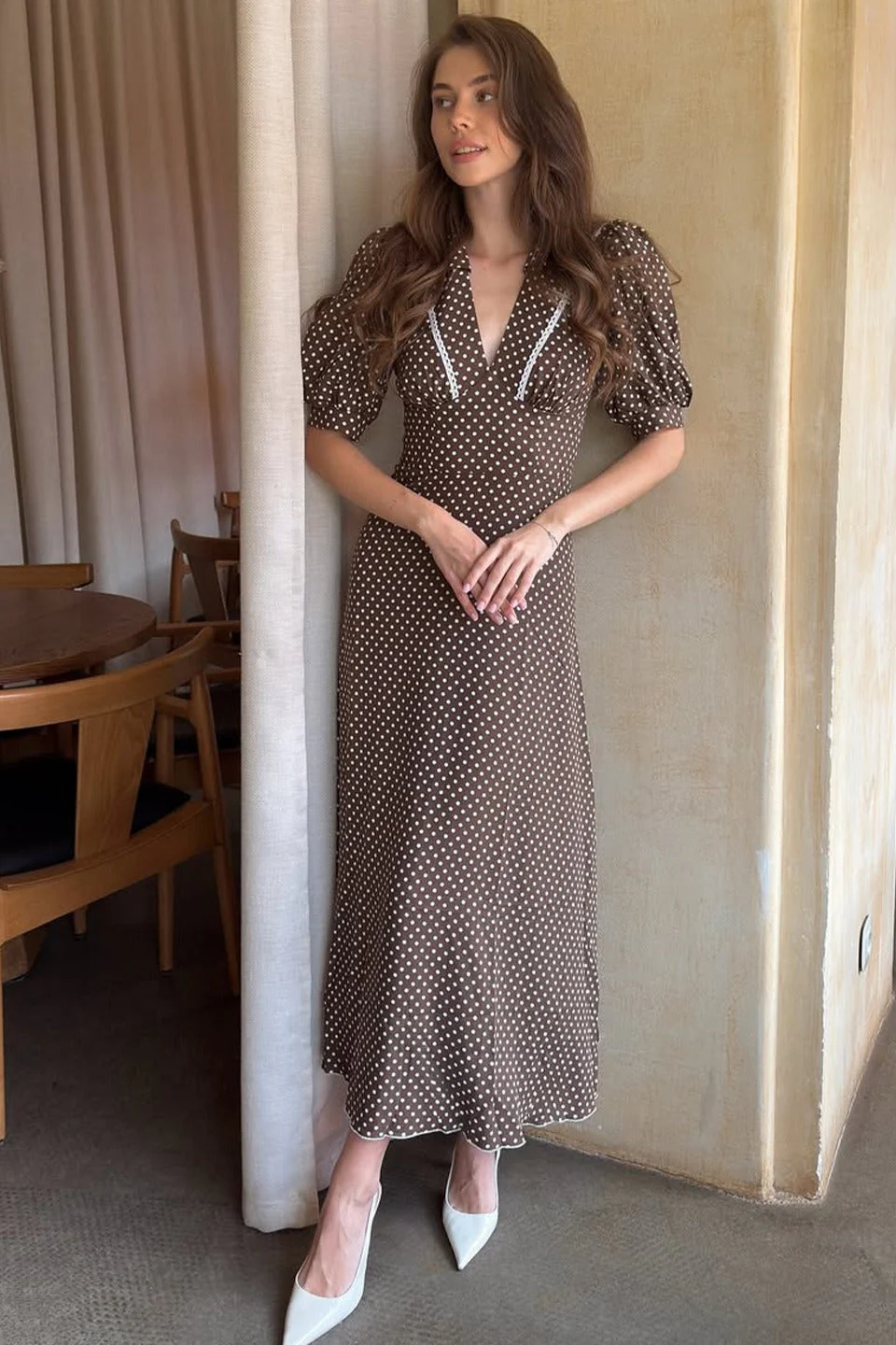 Polka Dot V-Neck Puff Sleeve Bodycon Maxi Dress - Image 5