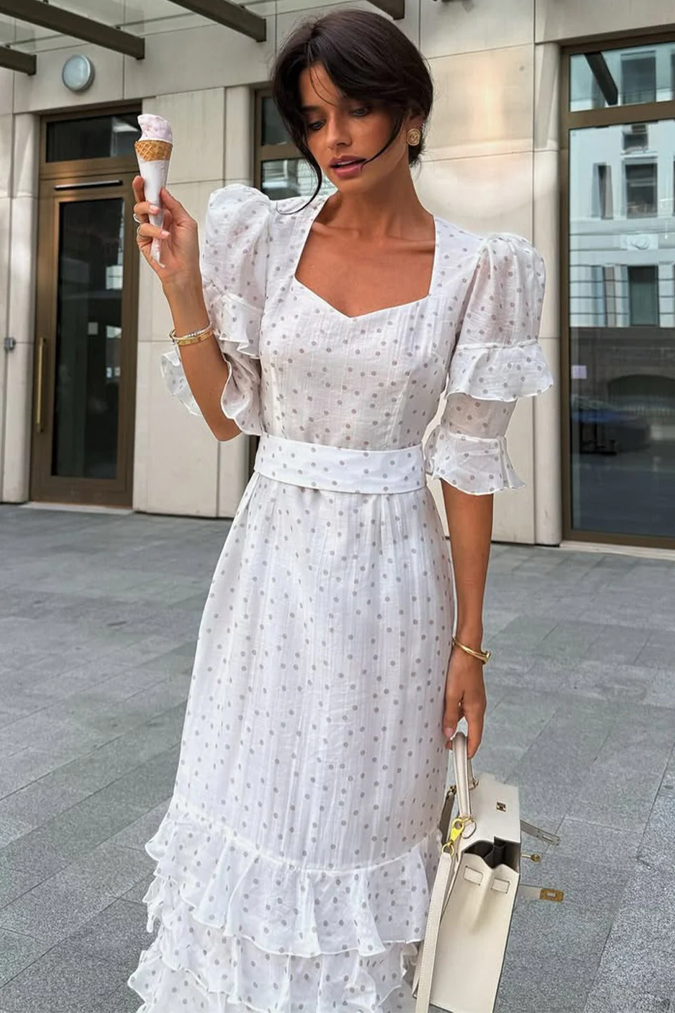 White Puff Sleeve Ruffled Bodycon Maxi Dress - Image 3
