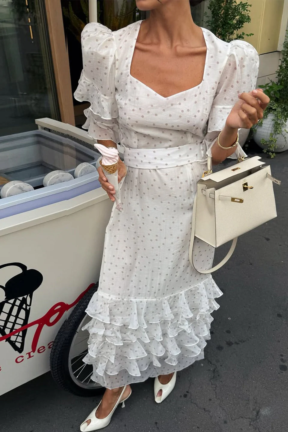White Puff Sleeve Ruffled Bodycon Maxi Dress - Image 4