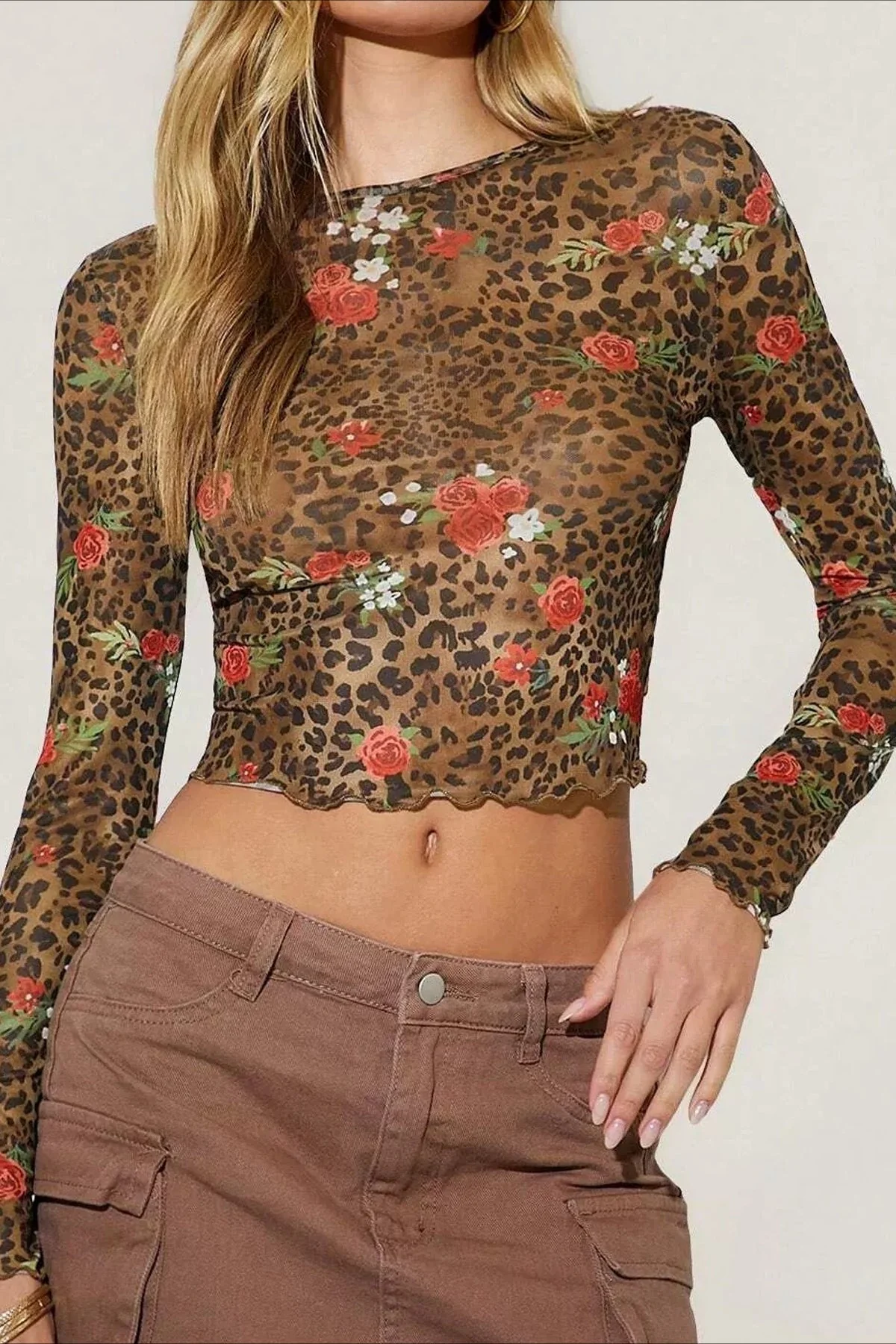 Leopard Floral Mesh Long Sleeve Crop Top - Image 2
