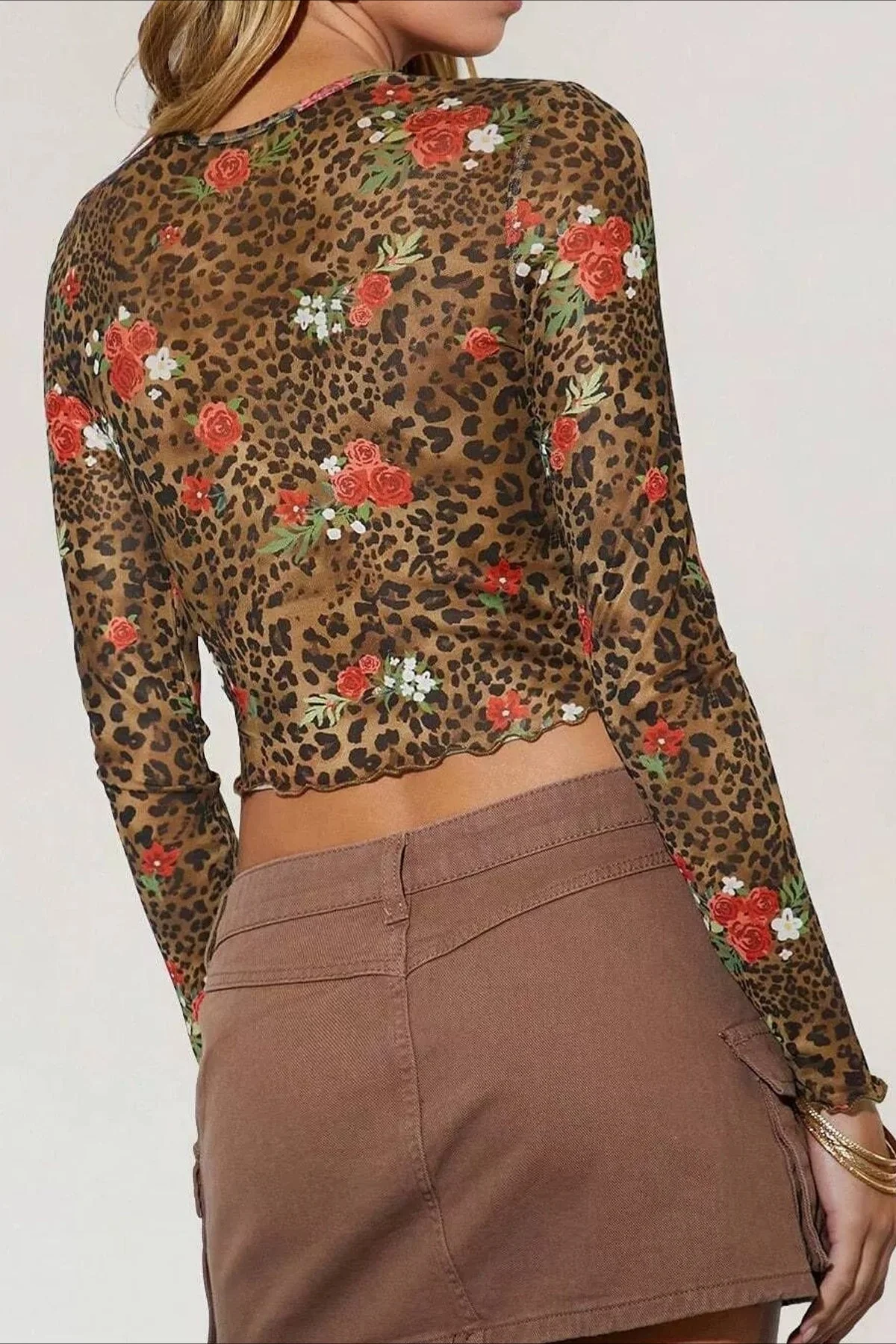 Leopard Floral Mesh Long Sleeve Crop Top - Image 3