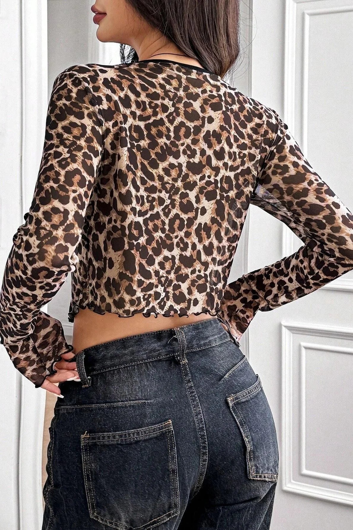 Long Sleeve Mesh Leopard Crop Top - Image 3