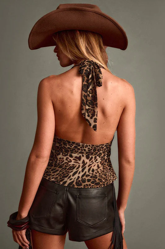 Color Block Halter Leopard Print Crop Top - Image 4