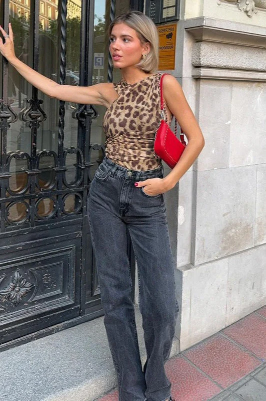 Ruched Leopard Bodysuit Crop Top - Image 3