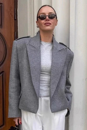 Grey Wool Shoulder Pad Jacket - Image 2
