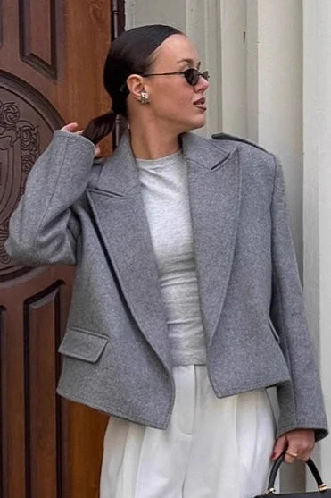 Grey Wool Shoulder Pad Jacket - Image 3